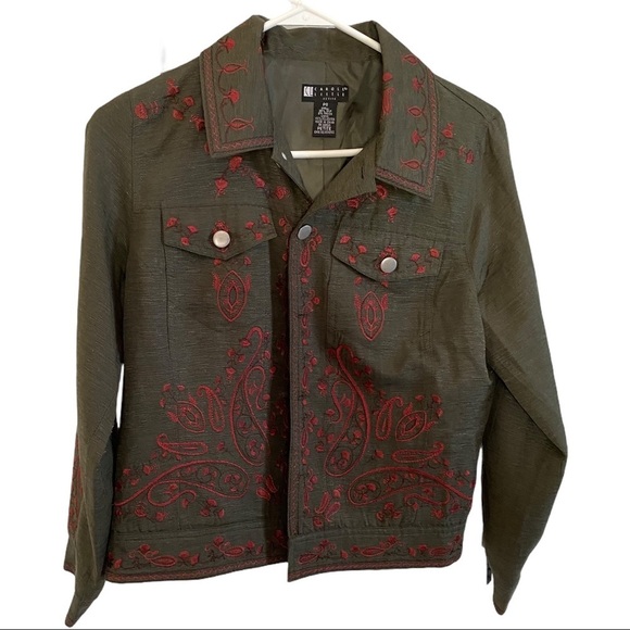 Carole Little Women Olive & Red Embroidered Silk Jacket Blazer Sz SP Shacket - Picture 1 of 11